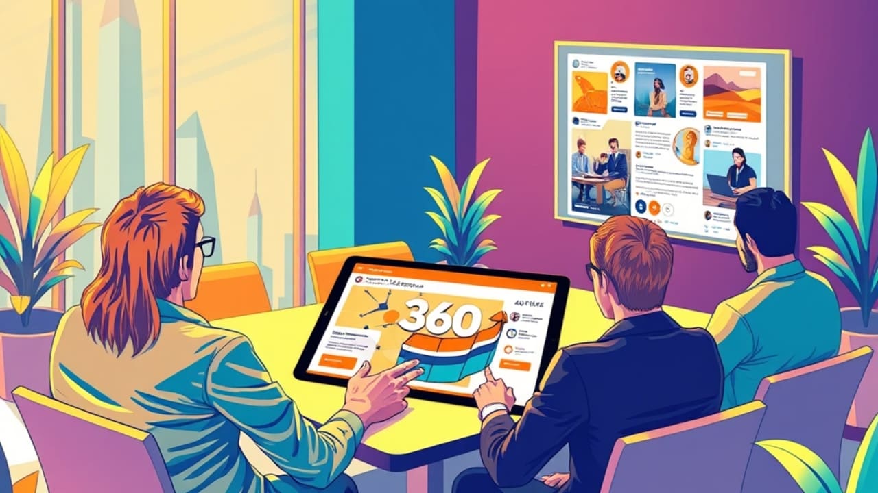 Ilustração de reunião de marketing revisando campanha de anúncio de tour 360° em ambiente de conferência