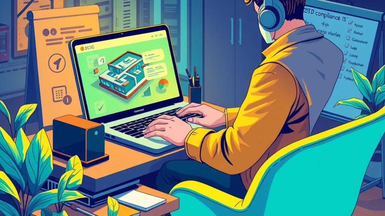 Ilustração de técnico ajustando versão lite do tour para conexões lentas e verificando compliance LGPD