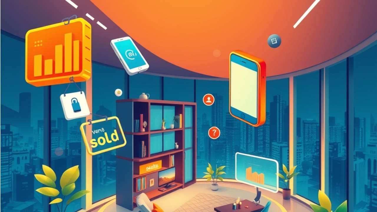 Ilustração de capa com vista panorâmica de apartamento 3D, ícones de analytics, smartphone e sinal de vendido em escritório futurista