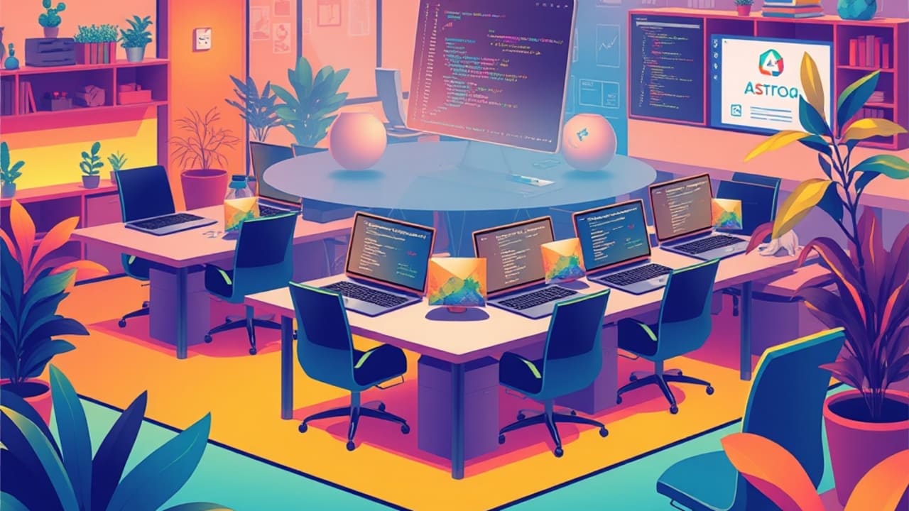Ilustração de desenvolvedor customizando o template Oltrix Astro em coworking com telas exibindo código e design
