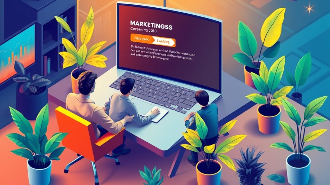 Ilustração de página de destino com CTA destacada, equipe de marketing planejando campanha em ambiente de escritório vibrante