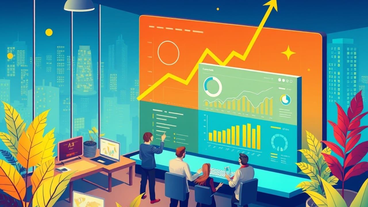 Ilustração de equipe de e‑commerce celebrando aumento de 35 % na taxa de conversão, com dashboard de resultados