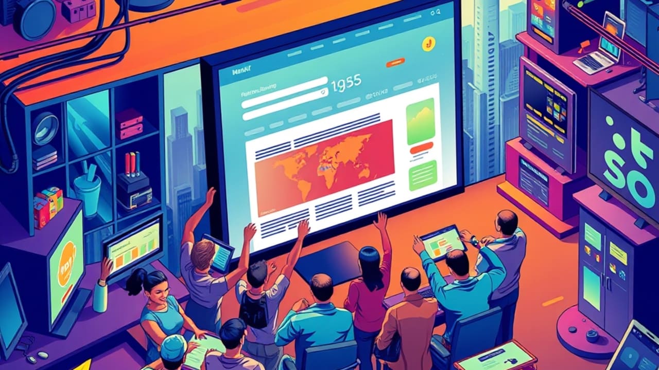 Ilustração de hero banner mostrando site ultra‑rápido carregando em vários dispositivos, equipe comemorando sucesso