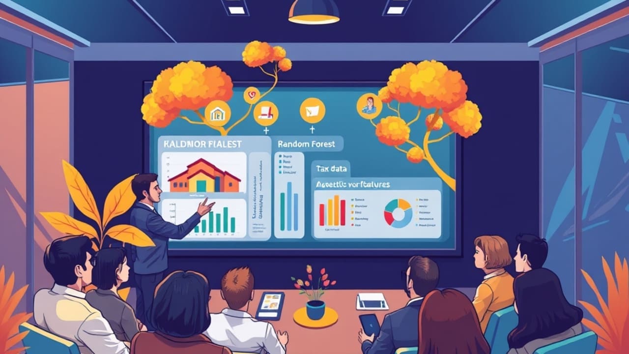 Ilustração de analista explicando modelo Random Forest com árvores de decisão ligadas a características de imóveis para corretores atentos.