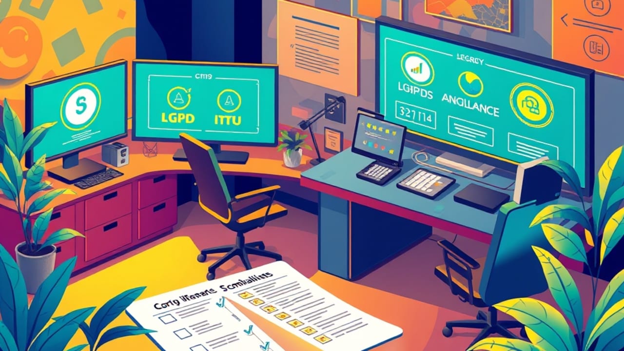 Ilustração de oficina de compliance mostrando fluxos de anonimização de dados de IPTU, ITBI e cartório em ambiente corporativo.