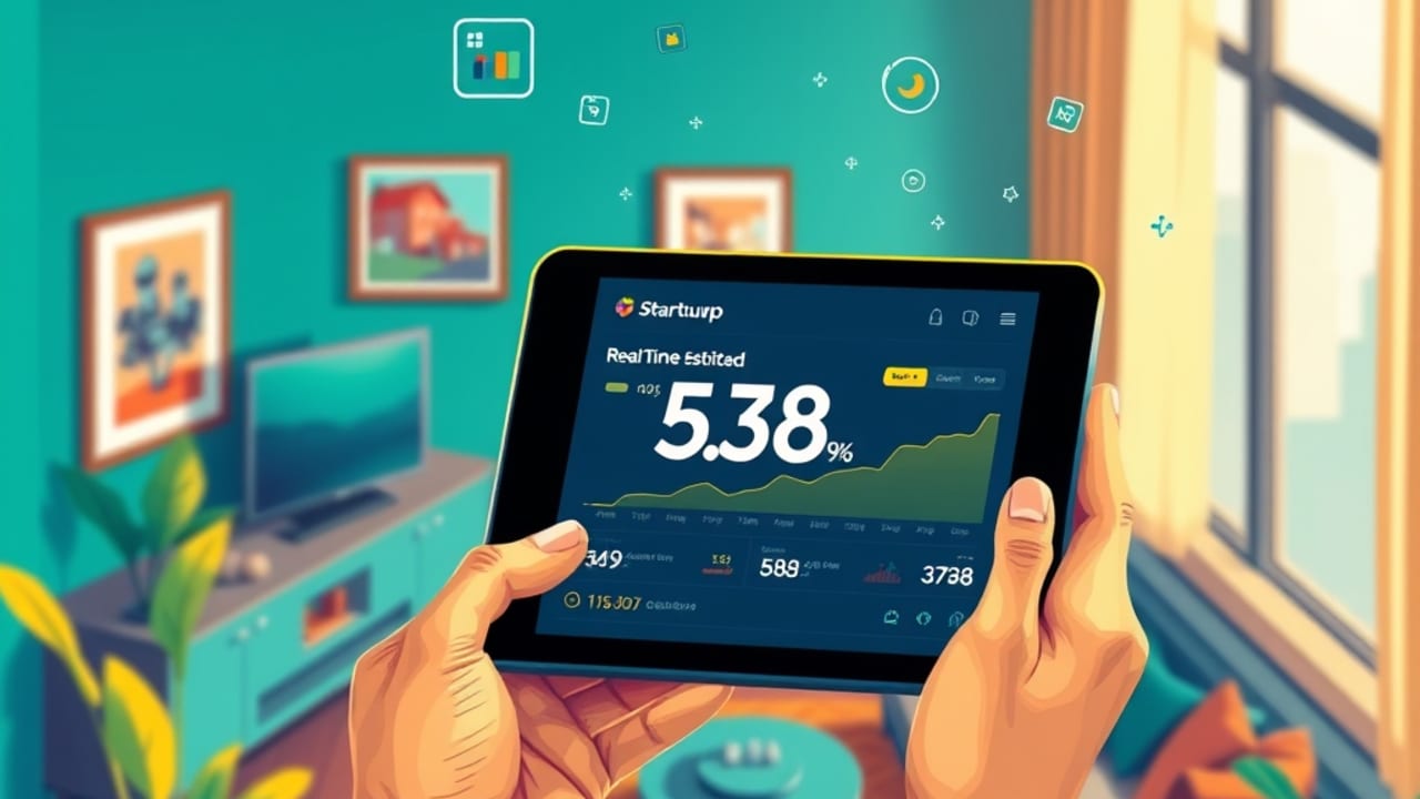 Ilustração de comprador usando tablet que exibe estimativa de preço gerada por IA dentro de apartamento moderno.