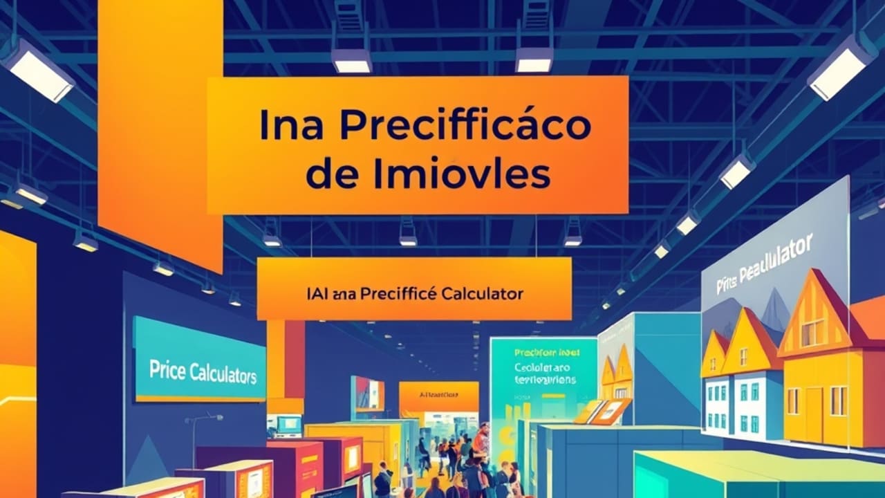 Ilustração de feira imobiliária com estandes de calculadoras de preço baseadas em IA e visitantes interagindo com telas touch.