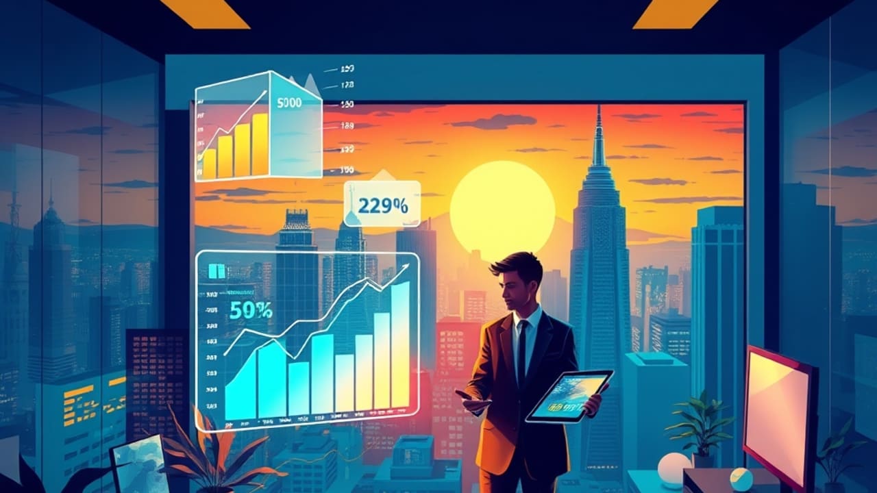 Ilustração de paisagem urbana futurista com gráficos holográficos de tendências de preço e pessoa segurando tablet de avaliação IA.