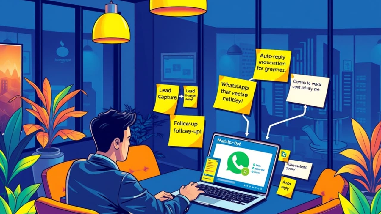 Ilustração de profissional configurando fluxos de automação WhatsApp (auto‑reply, captura de leads, agenda, follow‑up, pesquisa) em sala de reunião tecnológica