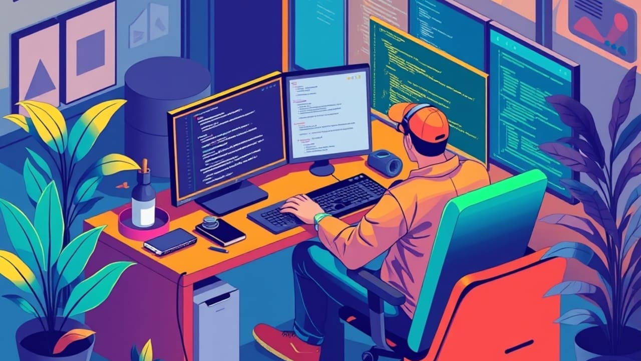 Ilustração de desenvolvedor codificando integração Oltrix via TypeScript em coworking com telas mostrando logs e dados de CRM