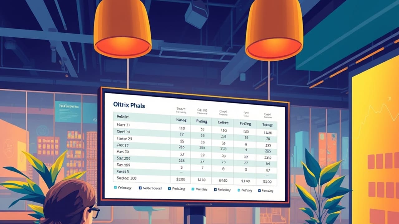 Ilustração de empresários comparando planos da Oltrix em tabela de preços exibida em painel digital, com calculadora e café na mesa