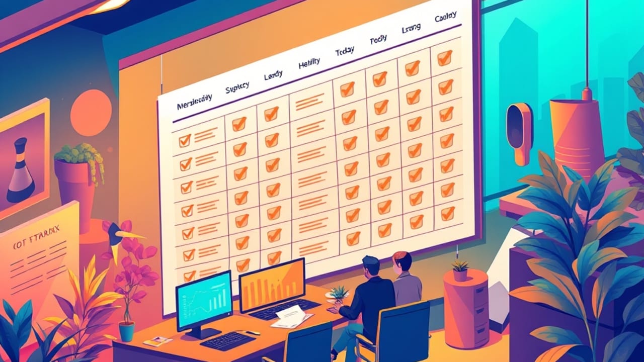 Ilustração de cronograma de 30 dias na parede de um escritório, mostrando etapas de implantação das automações e equipe celebrando resultados