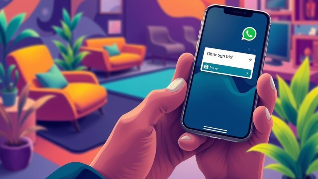Ilustração de página de captura de teste gratuito Oltrix em smartphone, com destaque para botão de inscrição, em ambiente corporativo