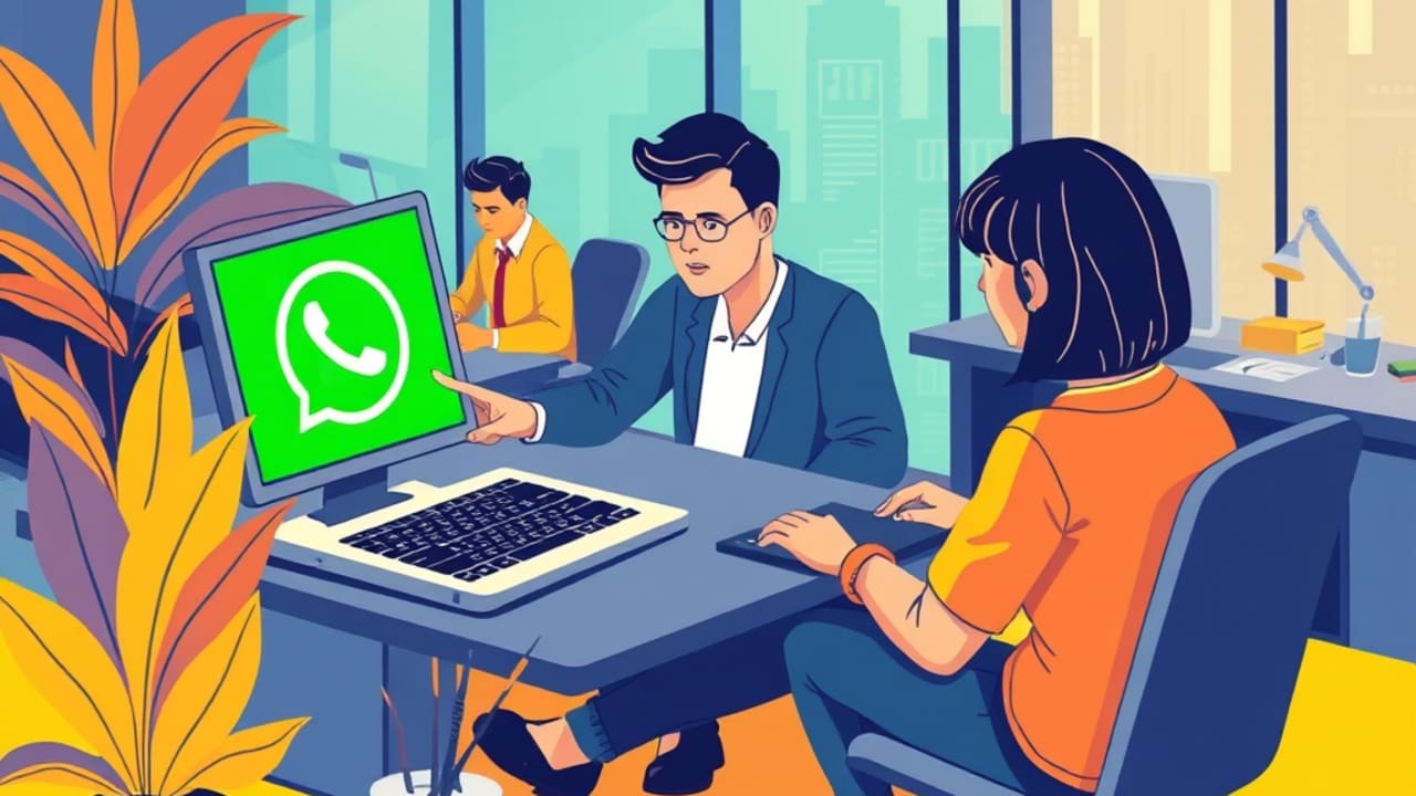 Ilustração de designer inserindo botão WhatsApp em uma landing page dentro de um coworking moderno