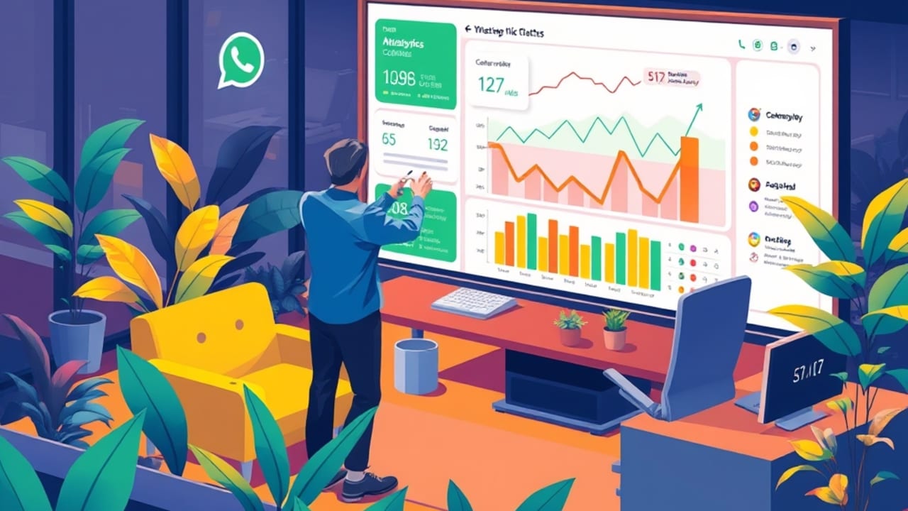 Ilustração de painel de métricas mostrando taxa de cliques e conversão do funil WhatsApp