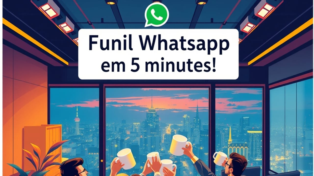Ilustração de equipe celebrando o sucesso do funil WhatsApp implementado em apenas 5 minutos