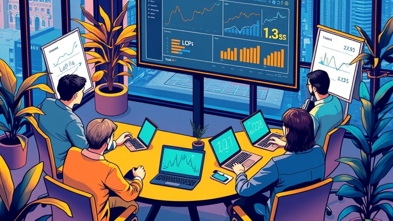Ilustração de equipe reunida em sala de reunião apresentando o template LaunchPro, com métricas de LCP e notas de performance no quadro branco