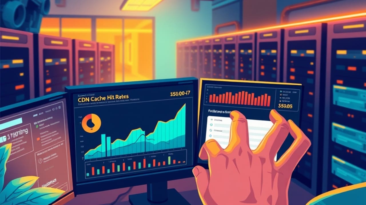 Ilustração de console DevOps mostrando configuração de CDN e métricas de cache, ambientado em sala de servidores com iluminação neon
