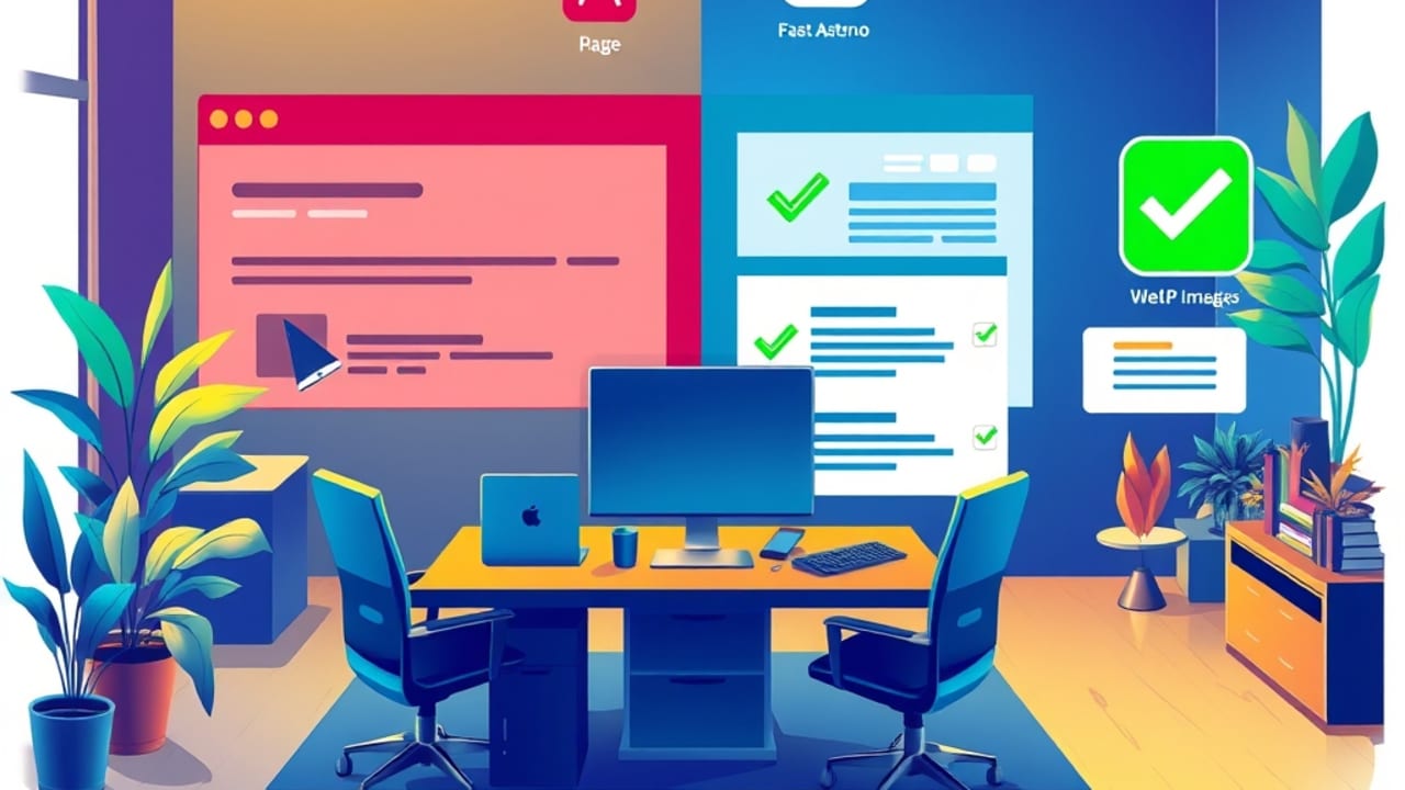 Ilustração comparativa de página lenta versus página Astro otimizada, com checklist SEO flutuando e ícones de meta tags