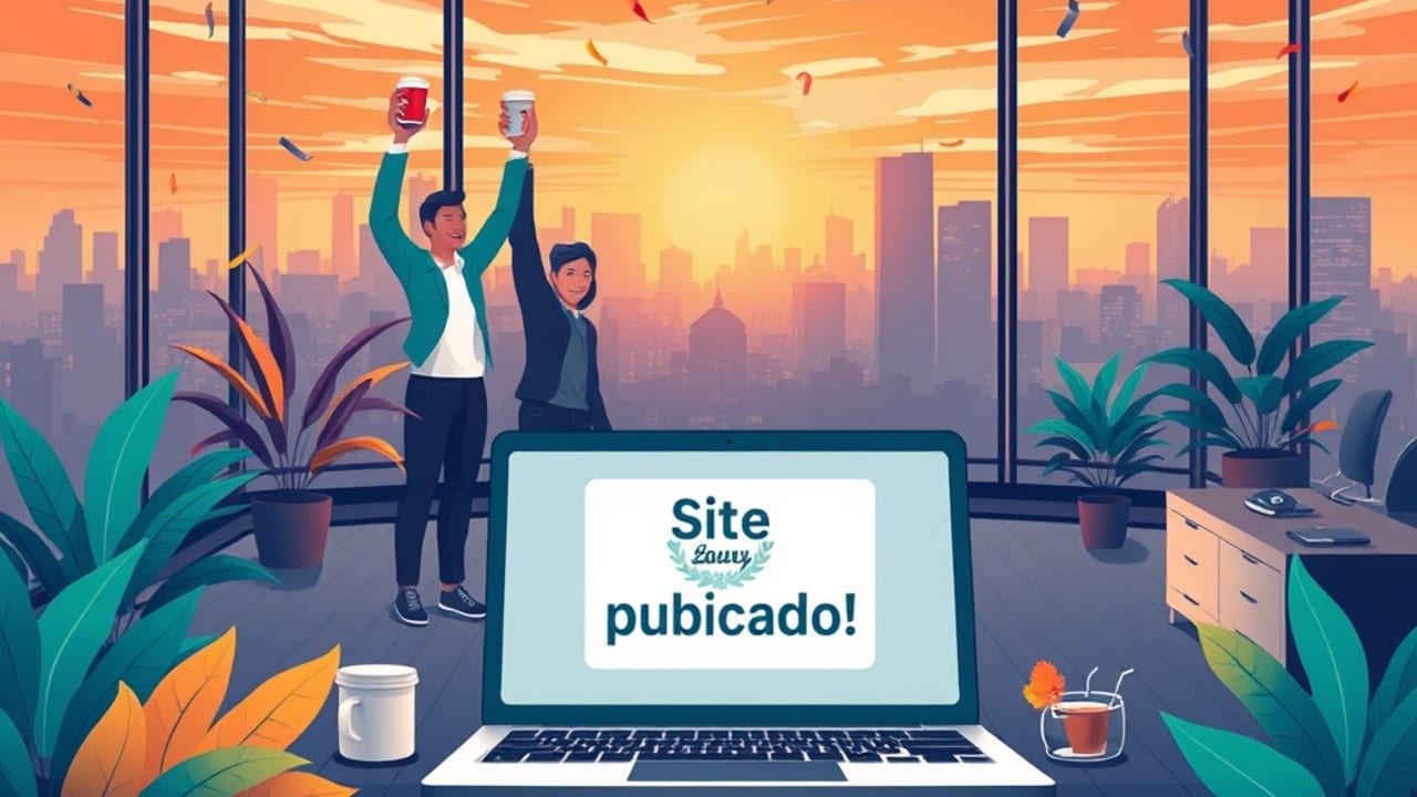 Ilustração de equipe celebrando o lançamento do site, laptop exibindo selo de publicação, vista da cidade ao entardecer