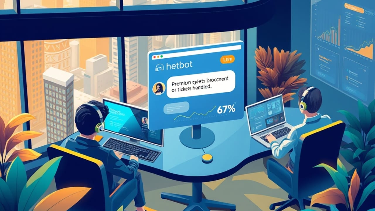 Ilustração de chatbot de suporte técnico realizando upsell, agentes com headsets e dashboard mostrando aumento de 67 % de atendimentos