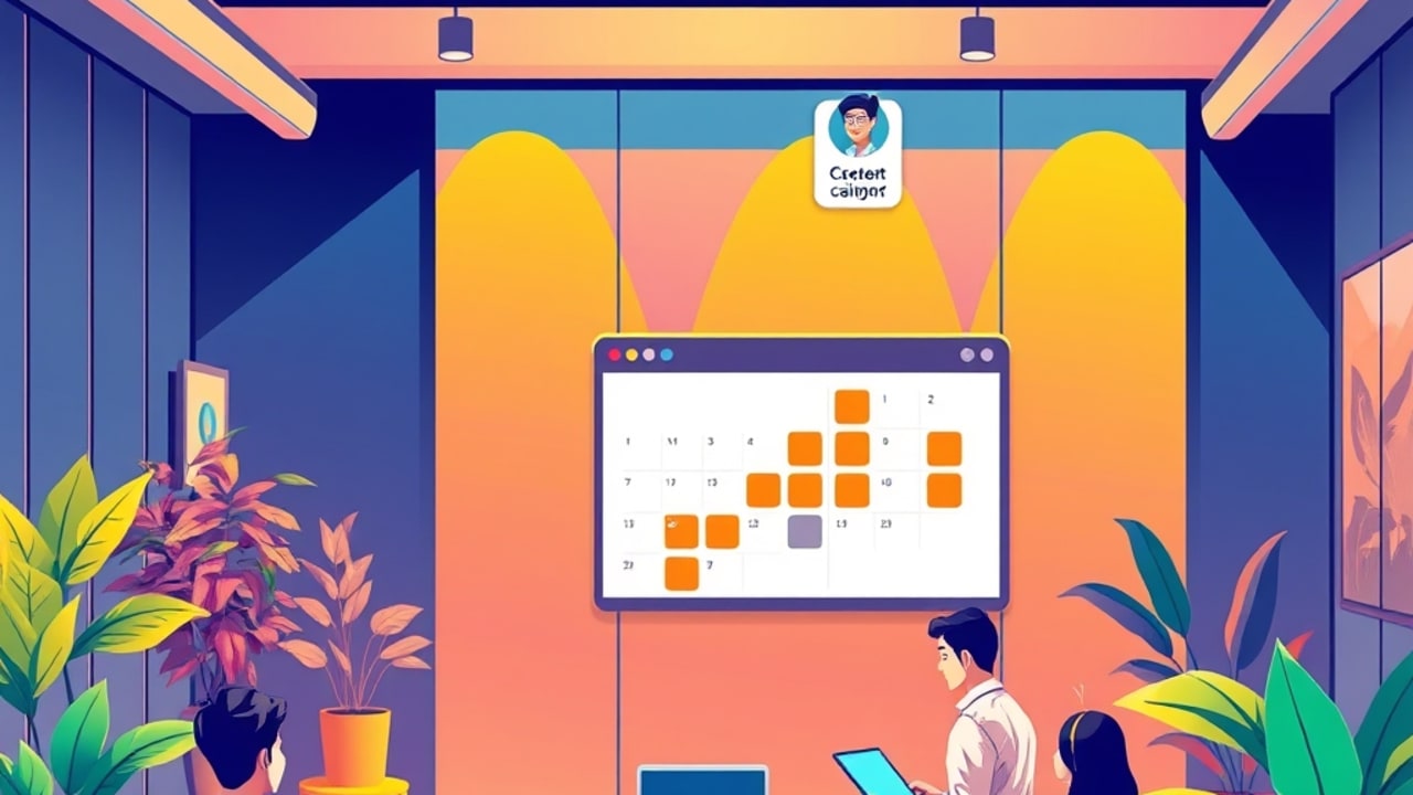 Ilustração de agendamento automático de consultas, calendário projetado na parede, chatbot confirmando horário
