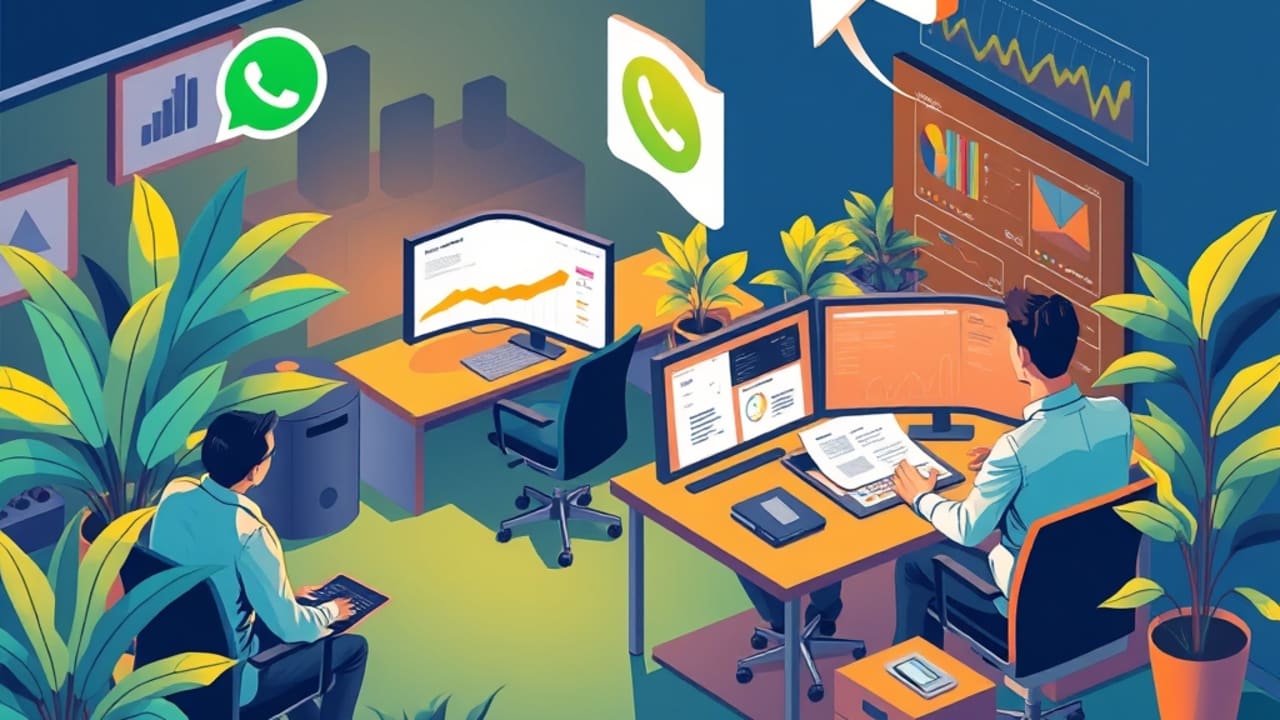 Ilustração de envio de relatório de performance e pedido de feedback NPS via WhatsApp, gestor compartilhando PDF
