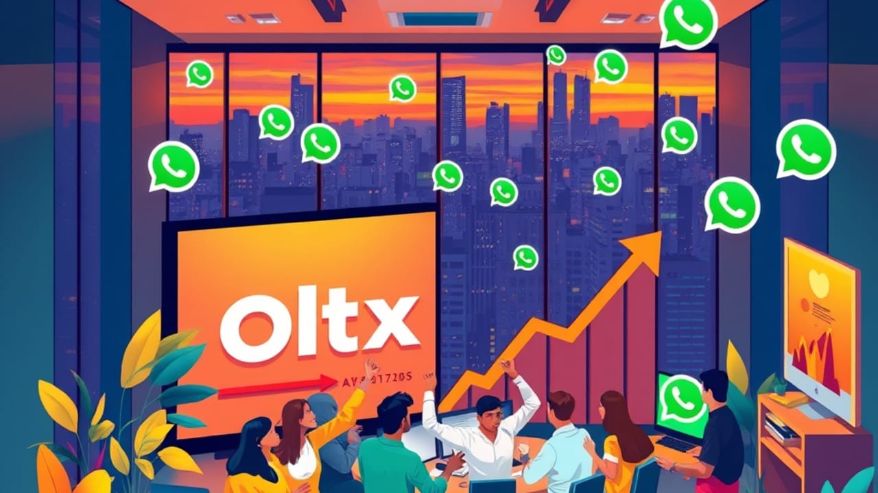 Ilustração de equipe celebrando resultados de automação WhatsApp, gráficos de crescimento ao fundo, branding Oltrix
