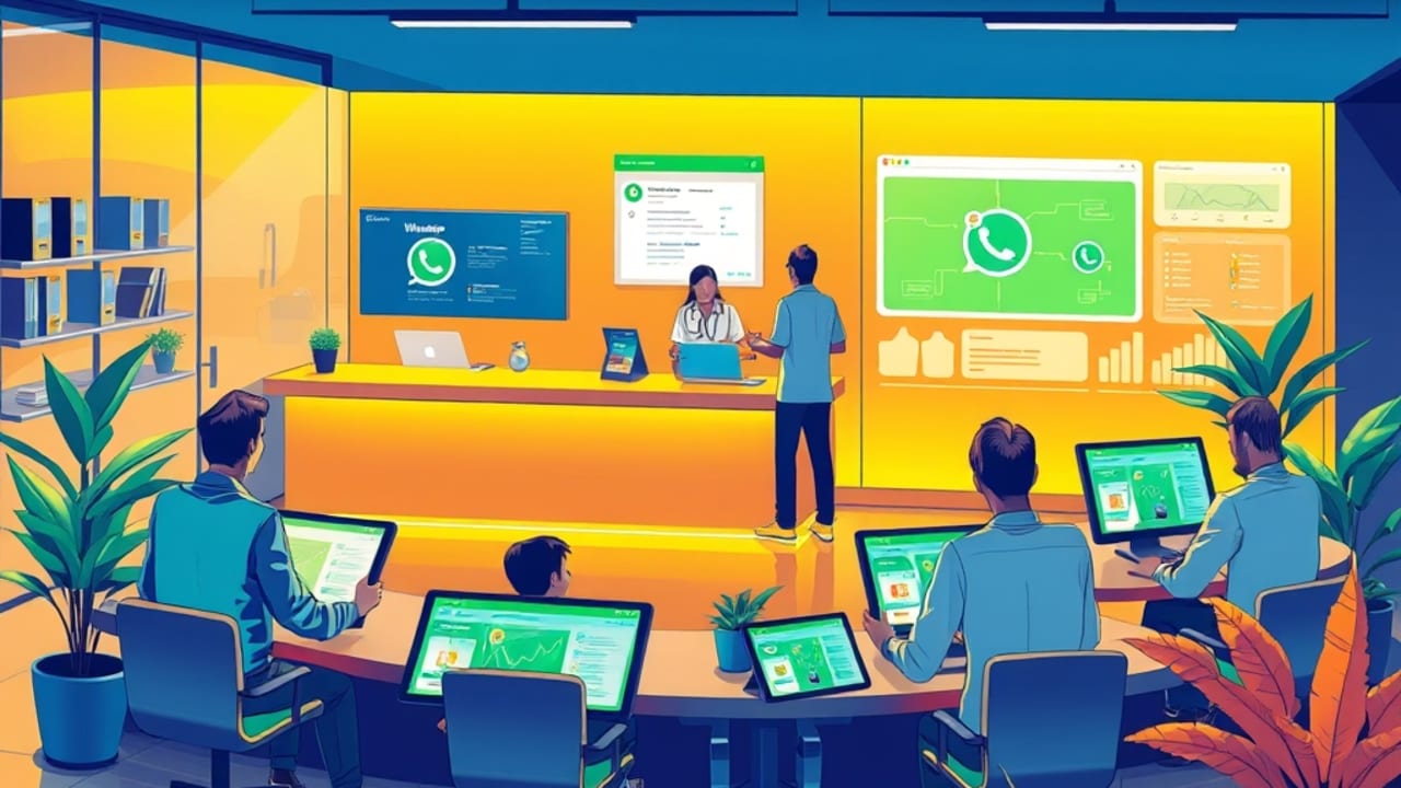 Ilustração de consultora configurando fluxo de automação de WhatsApp em recepção de clínica estética com tablets e telas digitais