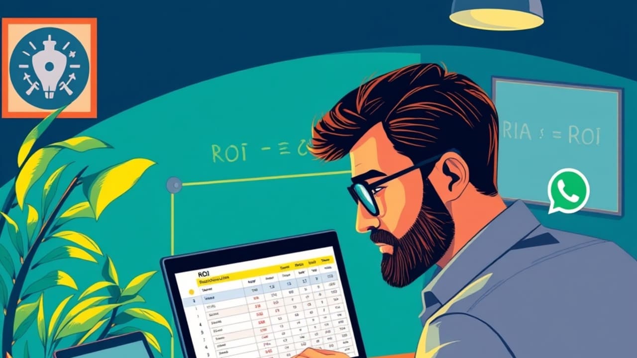 Ilustração de analista calculando ROI da automação em mesa de trabalho com planilha e quadro branco ao fundo