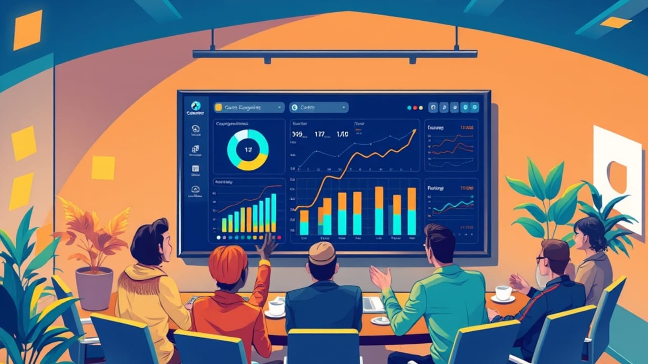 Ilustração de reunião de resultados com gráficos de agendamentos, taxa de comparecimento e receita crescendo em sala de conferência