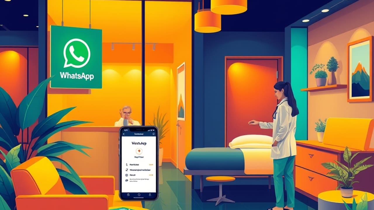 Ilustração de cliente recebendo lembrete personalizado de consulta via WhatsApp enquanto terapeuta prepara sala de tratamento