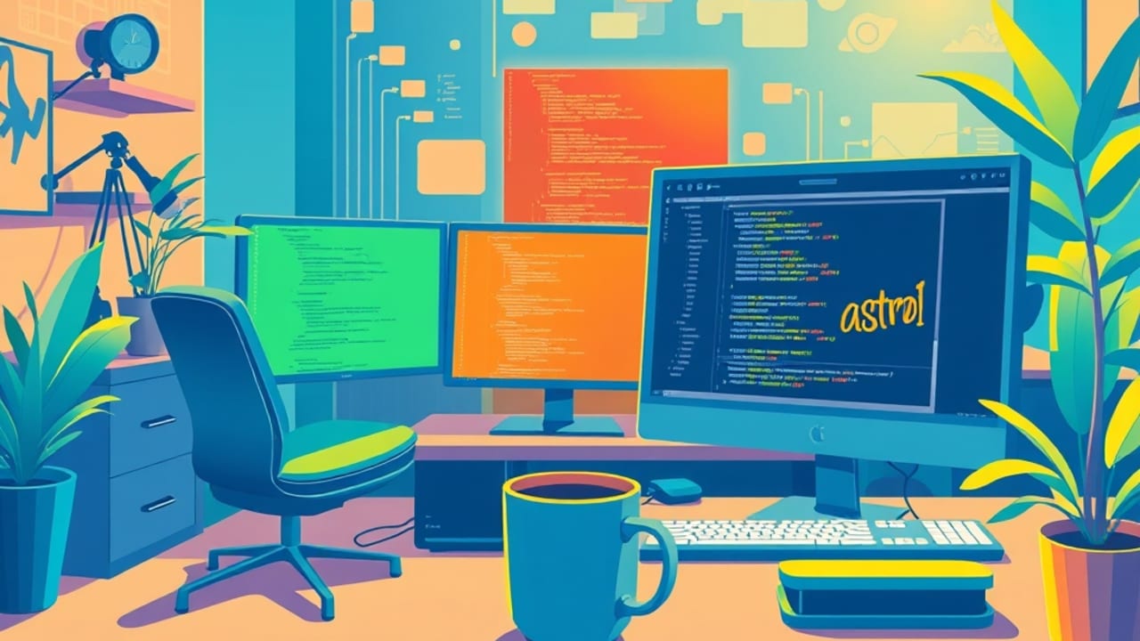 Ilustração de desenvolvedor configurando ambiente Astro em estação de trabalho com múltiplos monitores