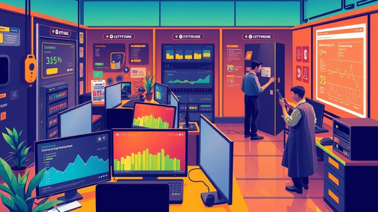 Ilustração de laboratório de performance analisando resultados de LCP abaixo de 2,5 s em laptops