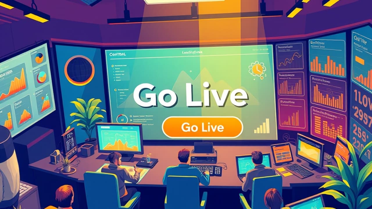Ilustração de equipe celebrando o lançamento do site com dashboard de tráfego e conversões em destaque