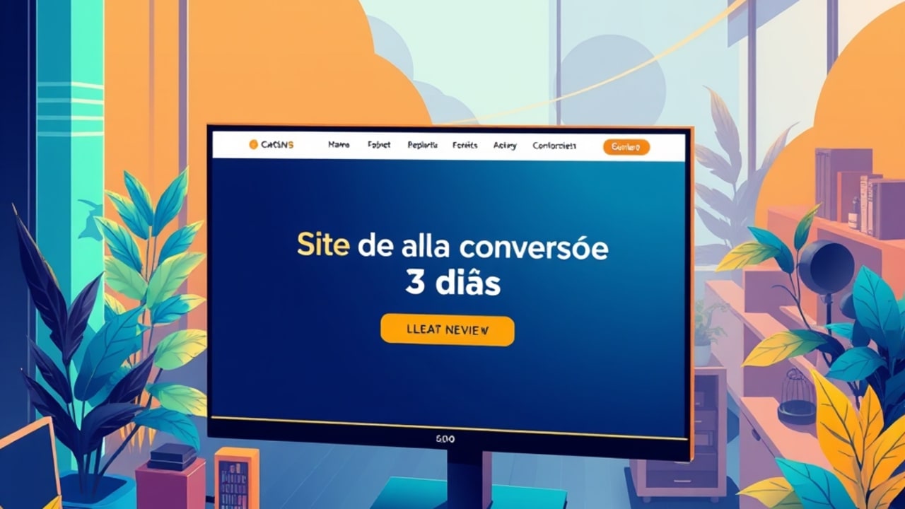 Ilustração da hero page do site final mostrando headline ‘Site de alta conversão em 3 dias’ e botão CTA