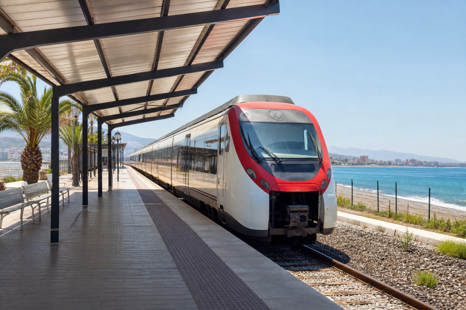 Fuengirola train station with a commuter train ready to depart