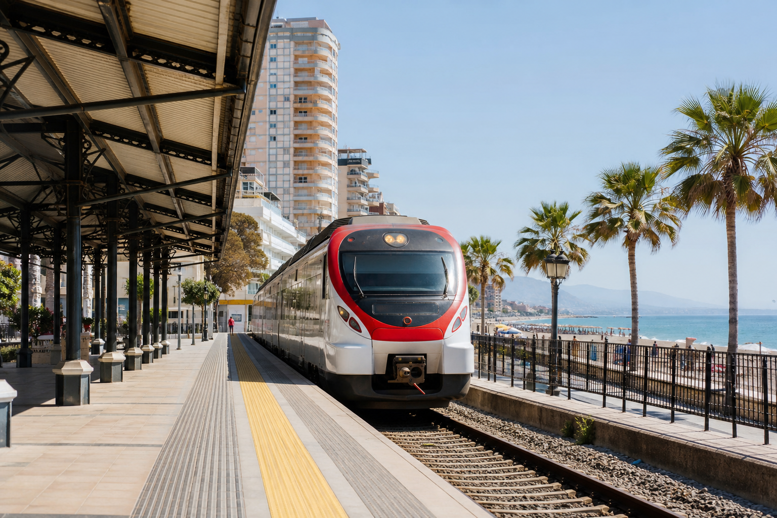 A modern train approaching Fuengirola station against a sunny backdrop.