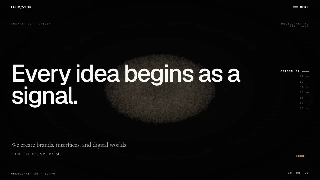 FORM//ZERO: luminous sculptural geometry and editorial typography in a dark digital studio.