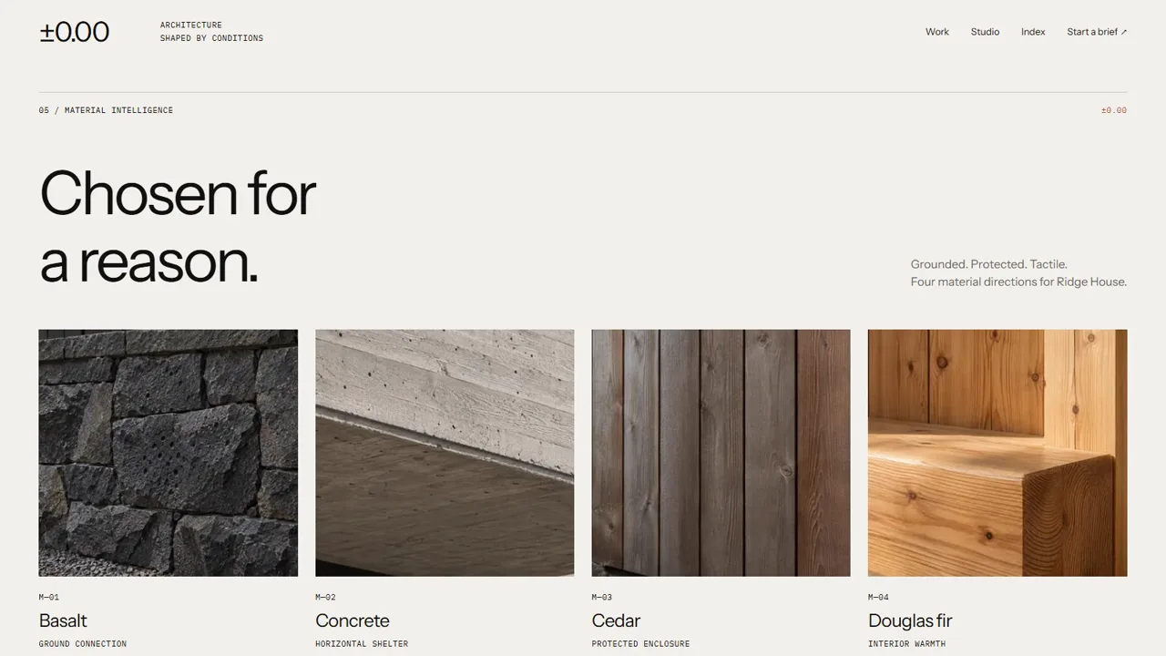 ±0.00 — Material studies — from close detail to wider context.
