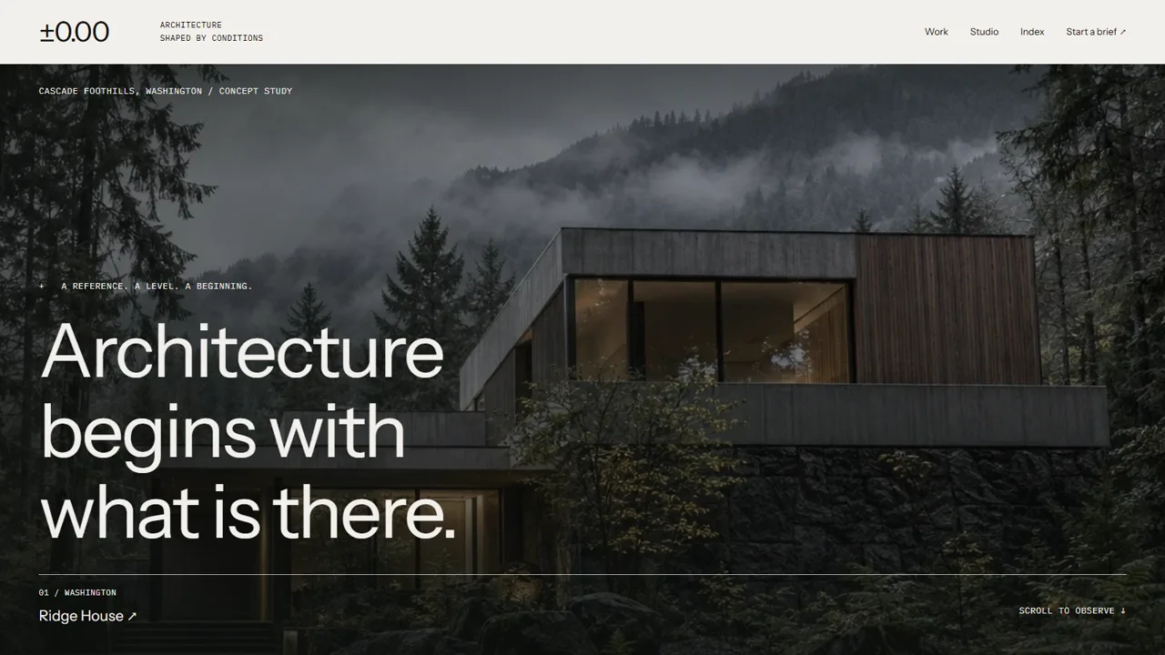 The ±0.00 architecture website, with landscape-led imagery, warm paper and architectural annotations.