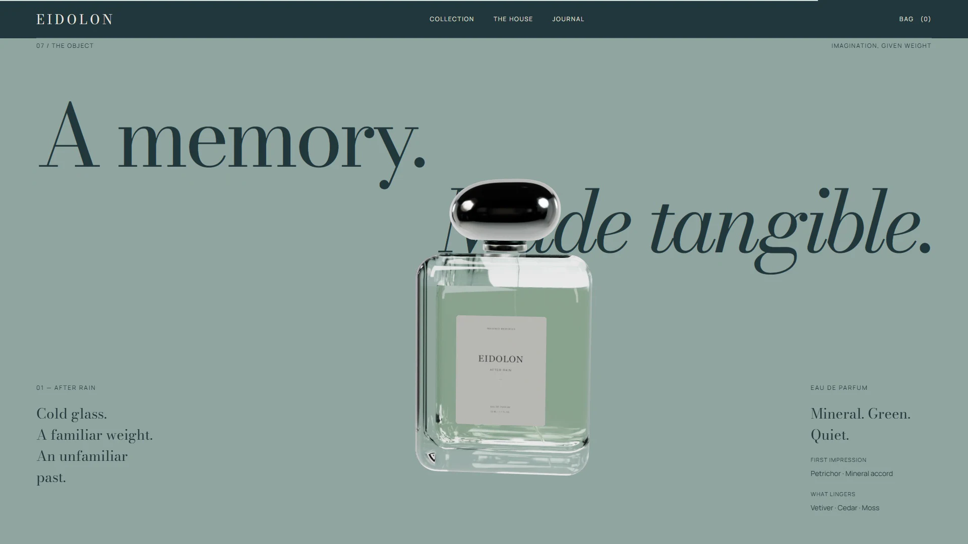 The EIDOLON bottle reveal with its scent notes and material details.