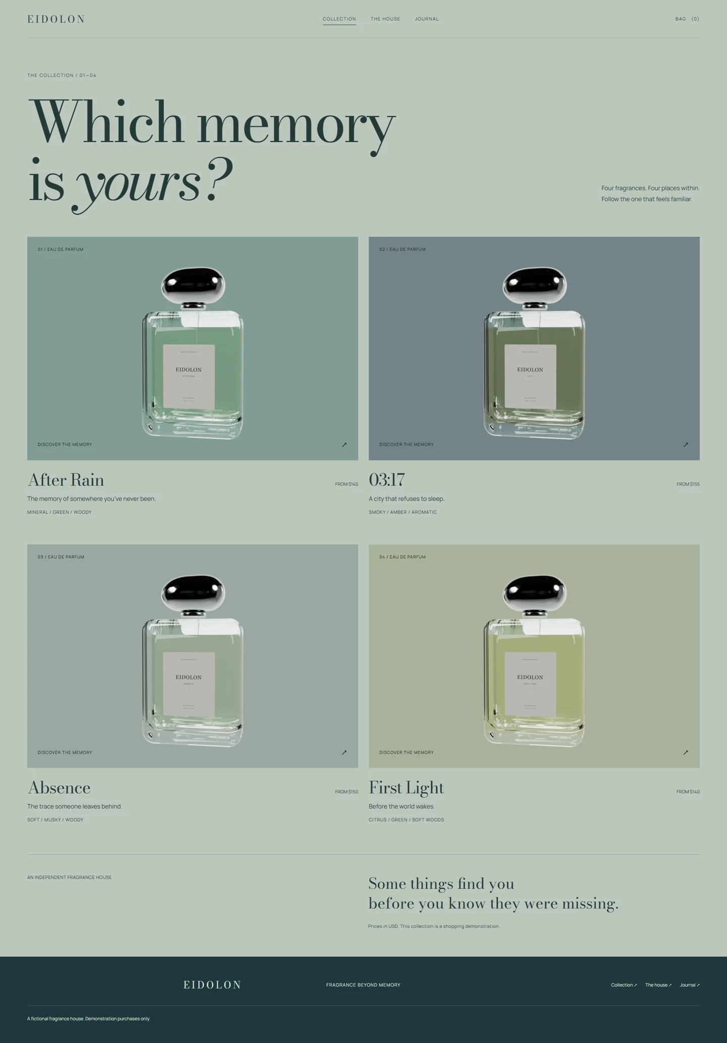 EIDOLON’s collection of four fragrances with consistent bottle imagery.
