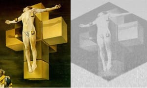 Crucifixion (Corpus Hypercubus) de Salvador Dalí. Izquierda- imagen original, Derecha-imagen escondida el track Majestic de la banda sonora de FEZ.