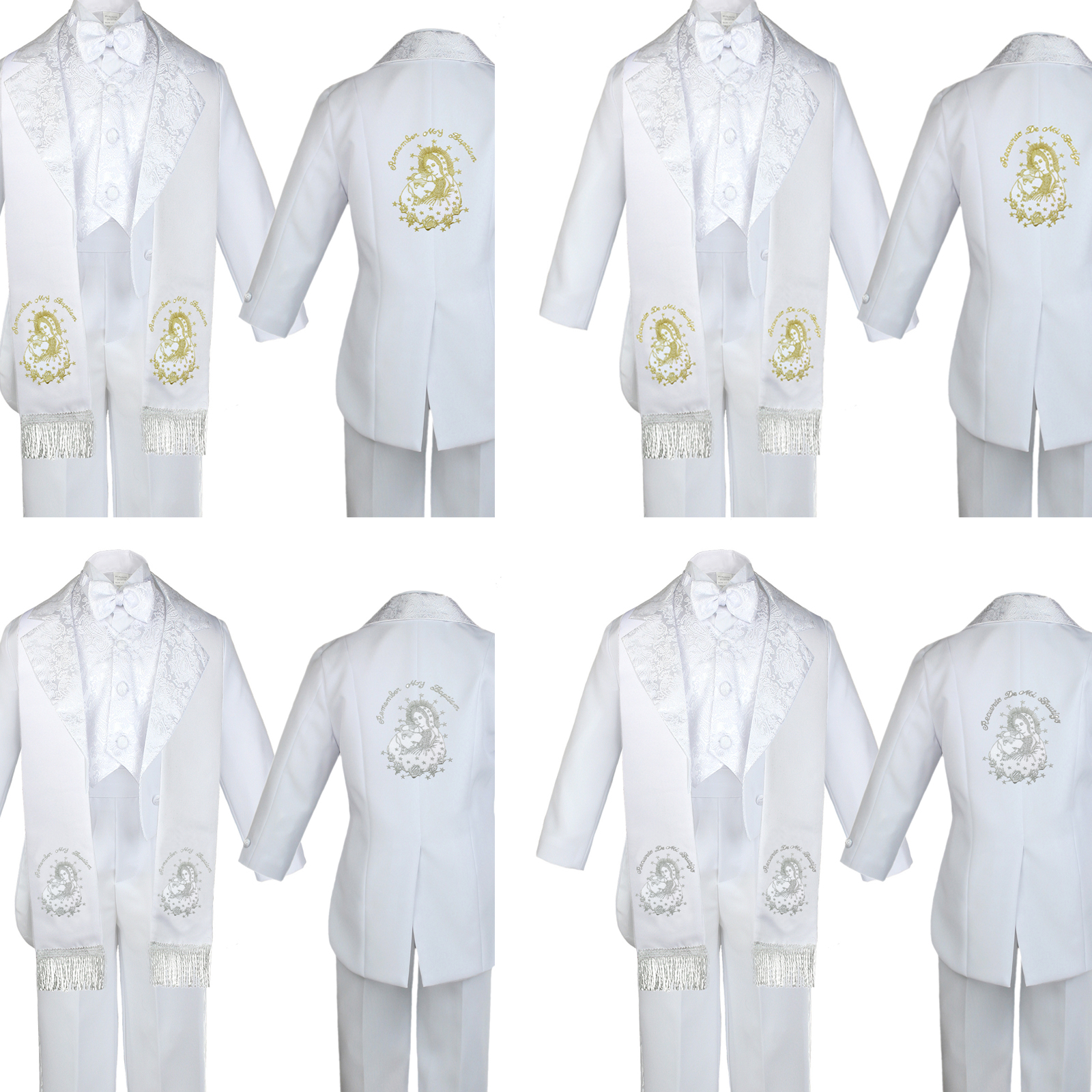 Boy Baby Baptism White Tuxedo Suit Embroidery Color Gold Maria Pope on Back Sm-7