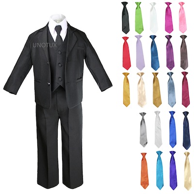 Tie Size 2T-14 Wedding Boys Solid Black Vest Suit Set with Colored Dress Shirt