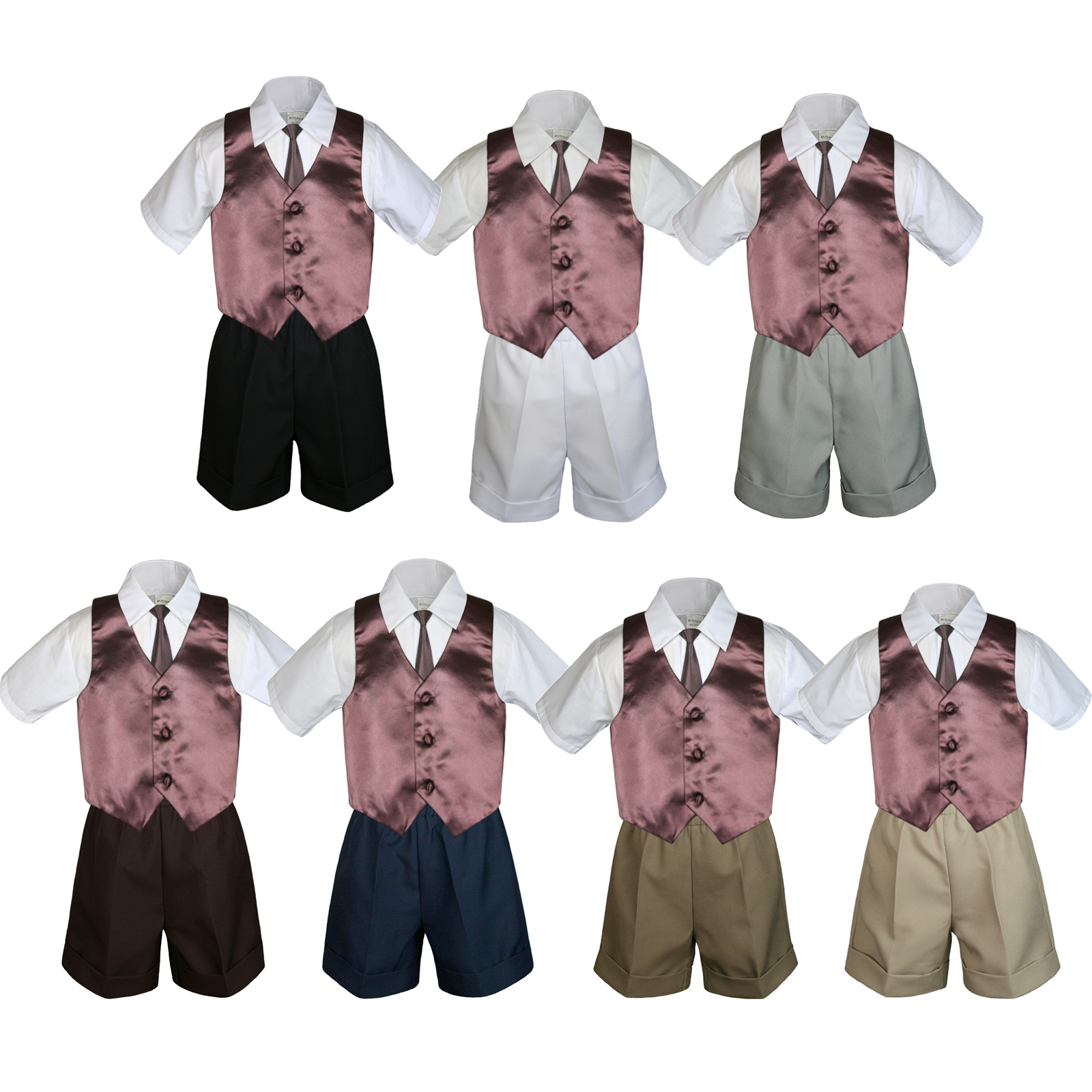 4pc Set Boy Toddler Formal Red Bowtie Vest Navy Brown Black Khaki Shorts S-4T