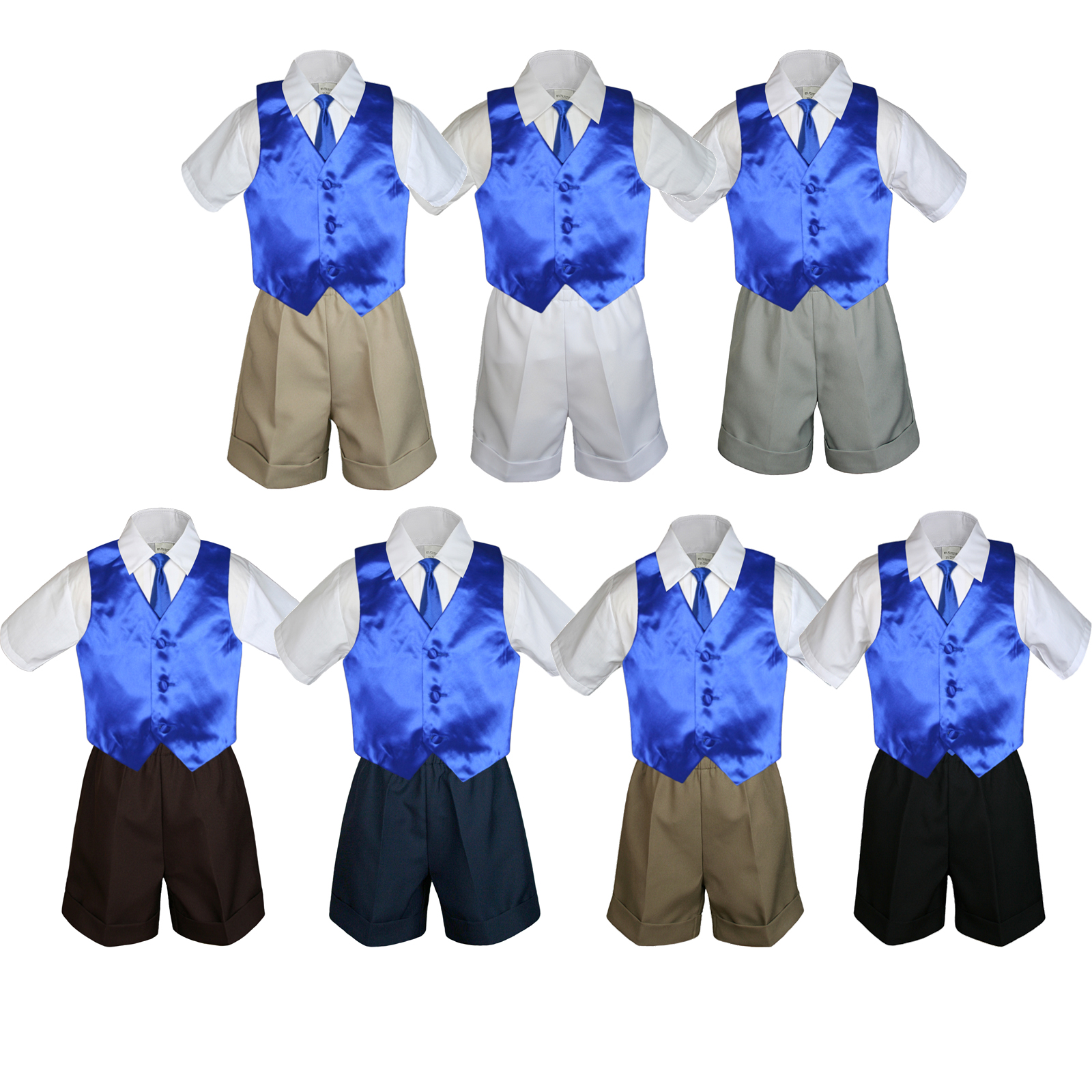 4pc Boy Toddler Formal Royal Blue Vest Necktie Khaki White Black Shorts