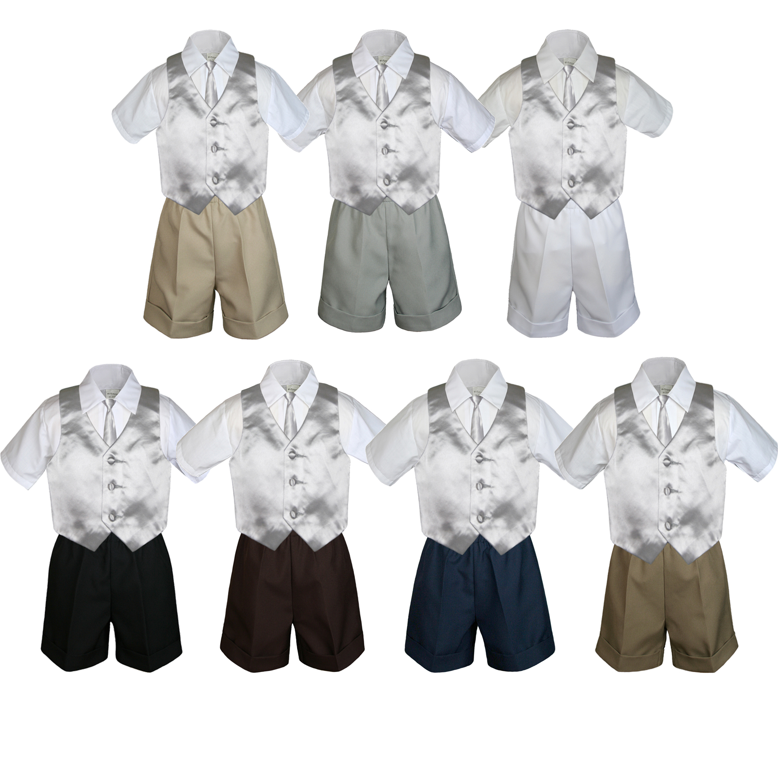 4pc Set Boy Toddler Formal Turquoise Vest and Bow tie White Khaki Shorts S-4T