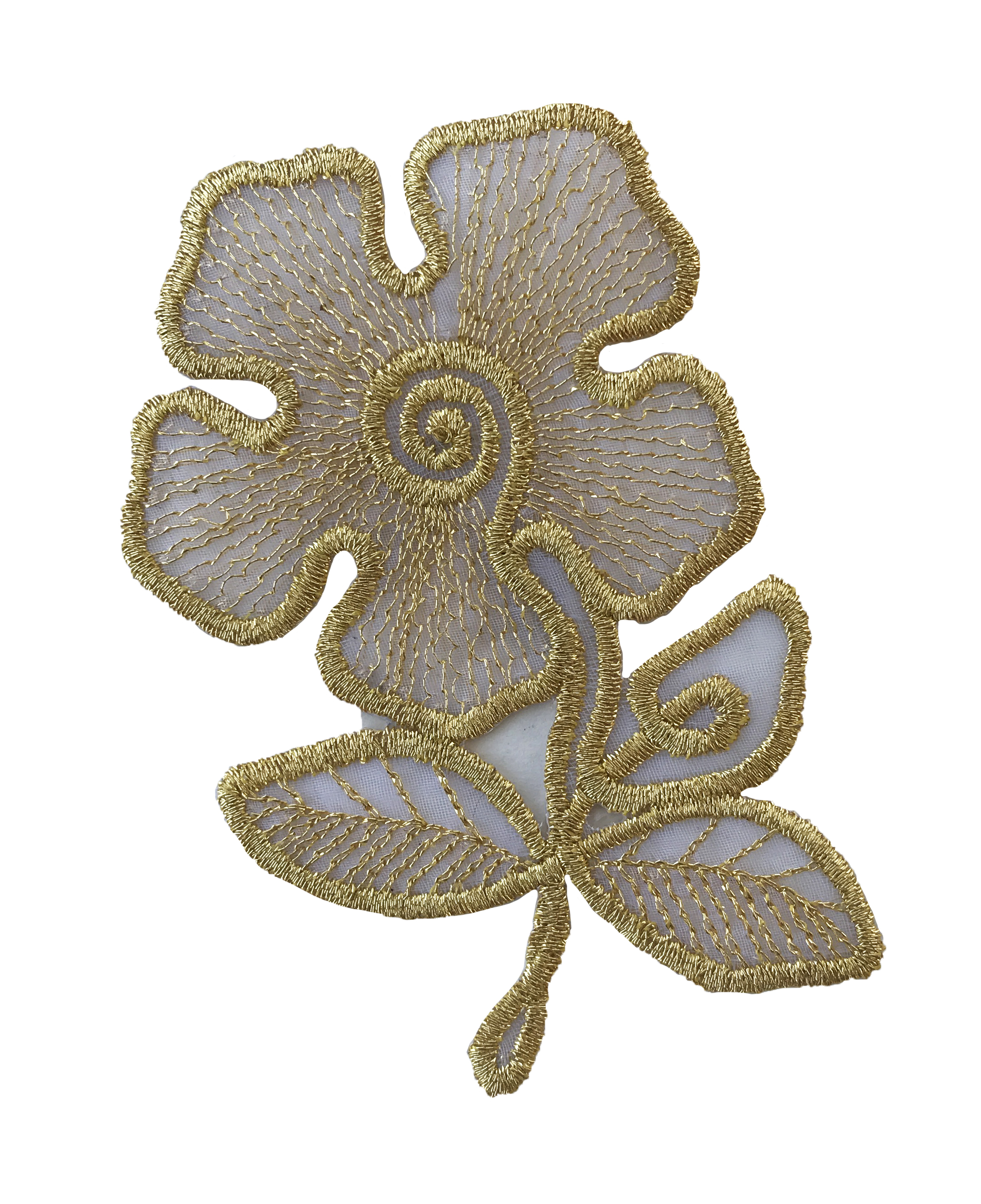 Lily Iron on Embroidery Gold Metallic Flower Patch 3.5